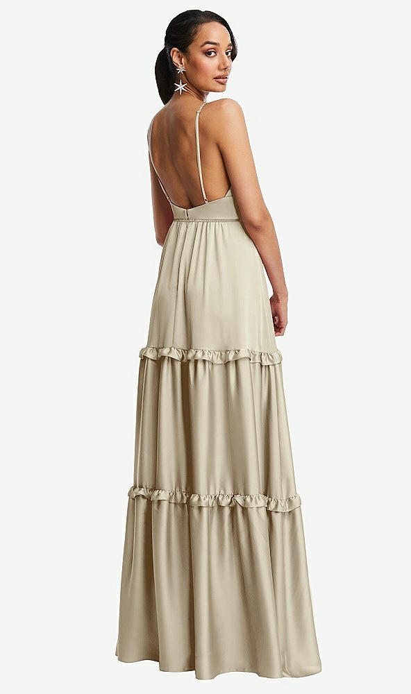 Back View - Champagne Low-Back Triangle Maxi Dress with Ruffle-Trimmed Tiered Skirt