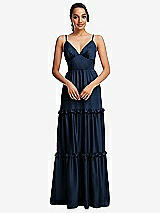 Front View Thumbnail - Midnight Navy Low-Back Triangle Maxi Dress with Ruffle-Trimmed Tiered Skirt