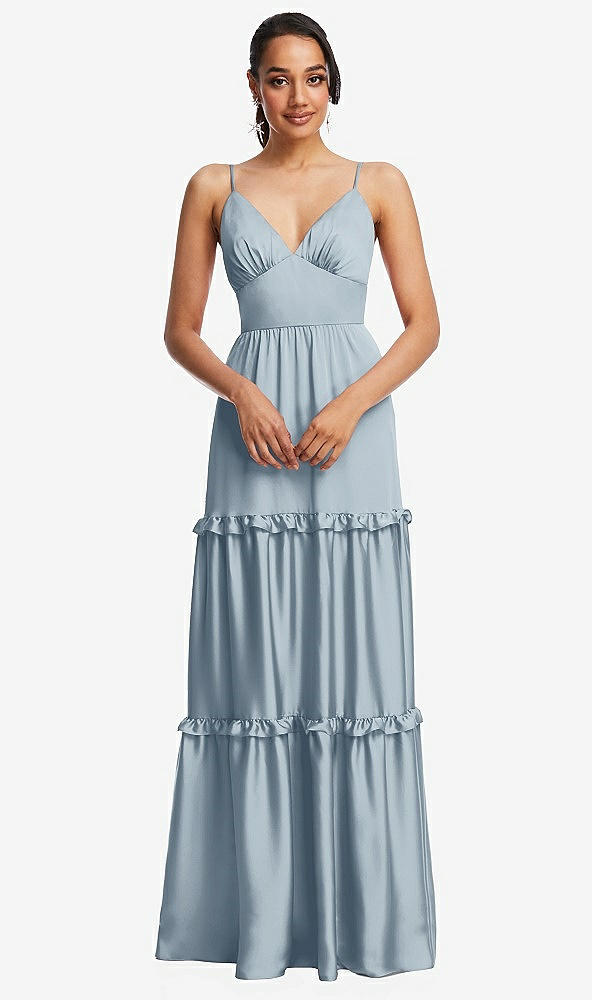 Front View - Mist Low-Back Triangle Maxi Dress with Ruffle-Trimmed Tiered Skirt