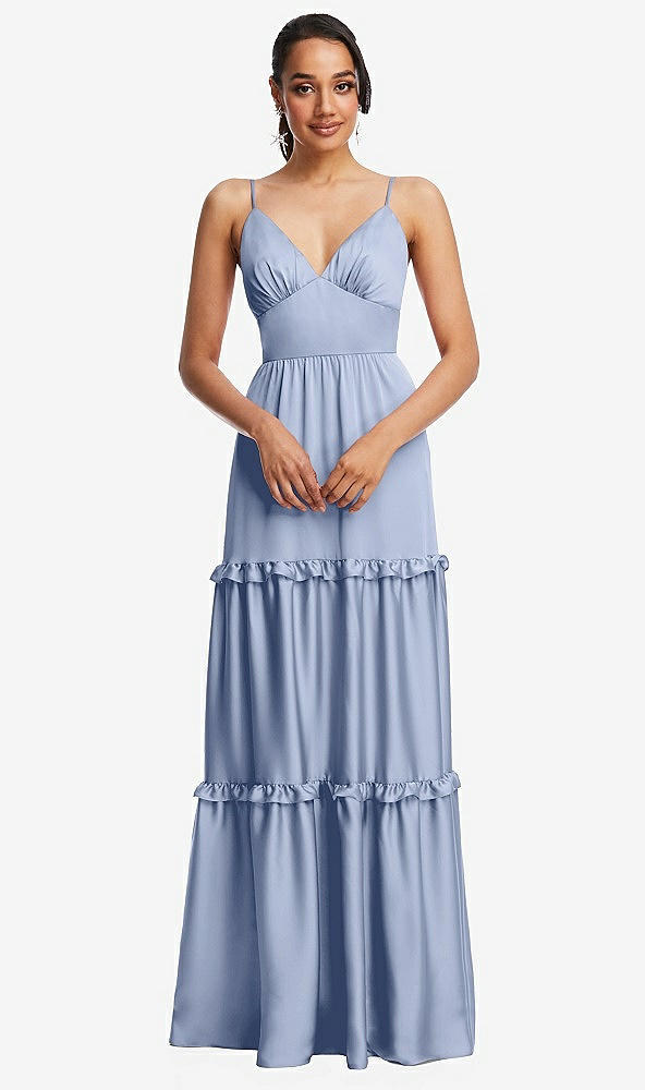 Front View - Sky Blue Low-Back Triangle Maxi Dress with Ruffle-Trimmed Tiered Skirt
