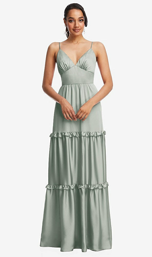 Front View - Willow Green Low-Back Triangle Maxi Dress with Ruffle-Trimmed Tiered Skirt
