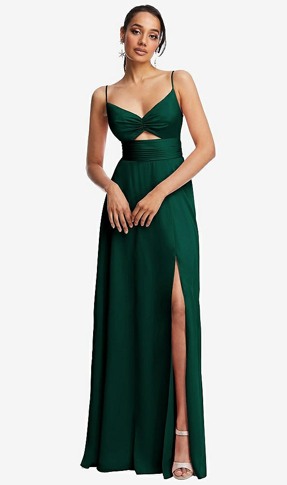 Front View - Hunter Green Triangle Cutout Bodice Maxi Dress with Adjustable Straps