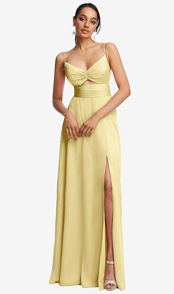 Front View - Pale Yellow Triangle Cutout Bodice Maxi Dress with Adjustable Straps