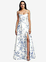 Front View Thumbnail - Cottage Rose Larkspur Open Neck Cutout Floral Satin A-Line Gown with Pockets