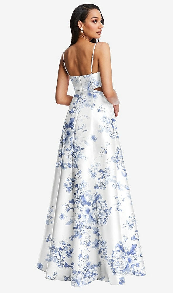 Back View - Cottage Rose Larkspur Open Neck Cutout Floral Satin A-Line Gown with Pockets
