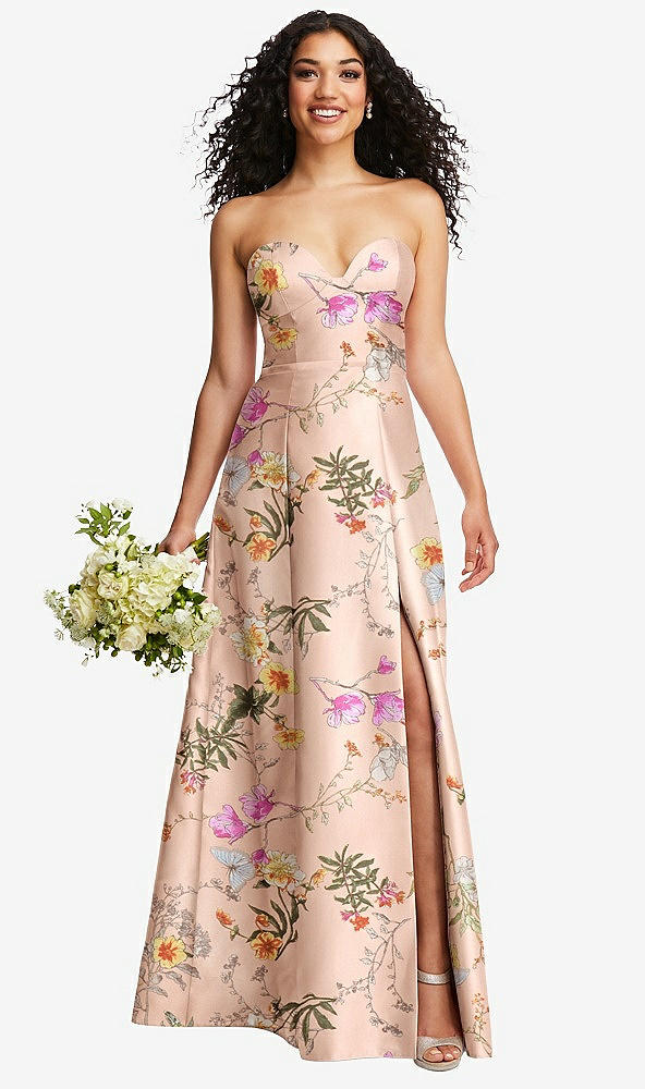 Front View - Butterfly Botanica Pink Sand Strapless Bustier A-Line Floral Satin Gown with Front Slit