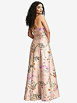 Rear View Thumbnail - Butterfly Botanica Pink Sand Strapless Bustier A-Line Floral Satin Gown with Front Slit