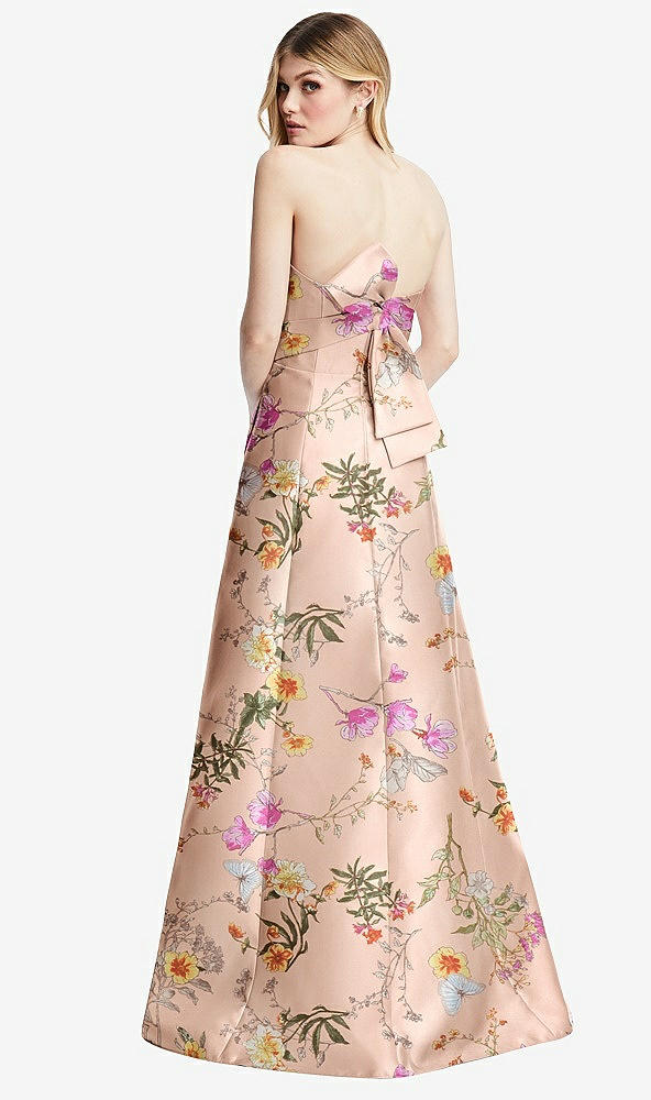 Back View - Butterfly Botanica Pink Sand Strapless A-line Floral Satin Gown with Modern Bow Detail