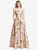 Front View Thumbnail - Butterfly Botanica Pink Sand Strapless Bias Cuff Bodice Floral Satin Gown with Pockets