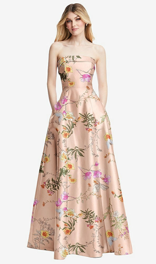 Front View - Butterfly Botanica Pink Sand Strapless Bias Cuff Bodice Floral Satin Gown with Pockets