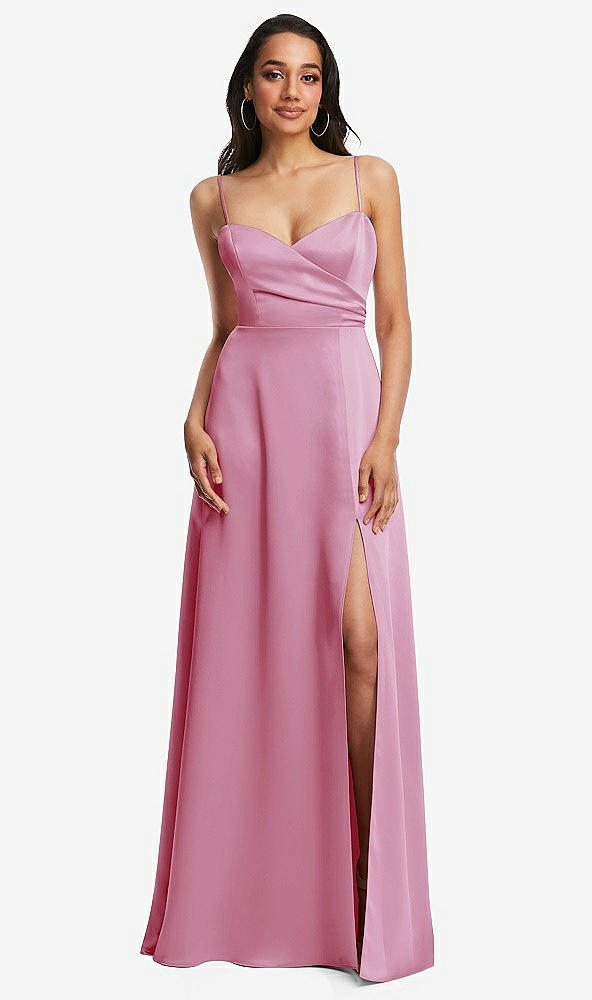 Front View - Powder Pink Adjustable Strap A-Line Faux Wrap Maxi Dress