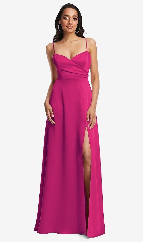 Front View - Think Pink Adjustable Strap A-Line Faux Wrap Maxi Dress