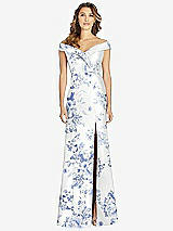 Front View Thumbnail - Cottage Rose Larkspur Off-the-Shoulder Cuff Floral Trumpet Gown with Front Slit