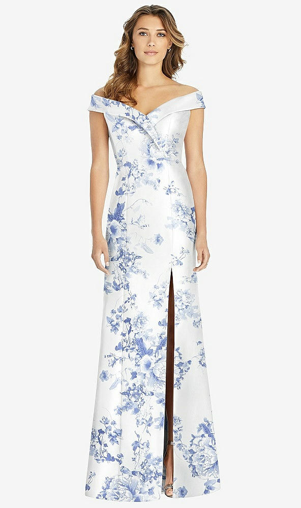 Front View - Cottage Rose Larkspur Off-the-Shoulder Cuff Floral Trumpet Gown with Front Slit