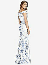 Rear View Thumbnail - Cottage Rose Larkspur Off-the-Shoulder Cuff Floral Trumpet Gown with Front Slit