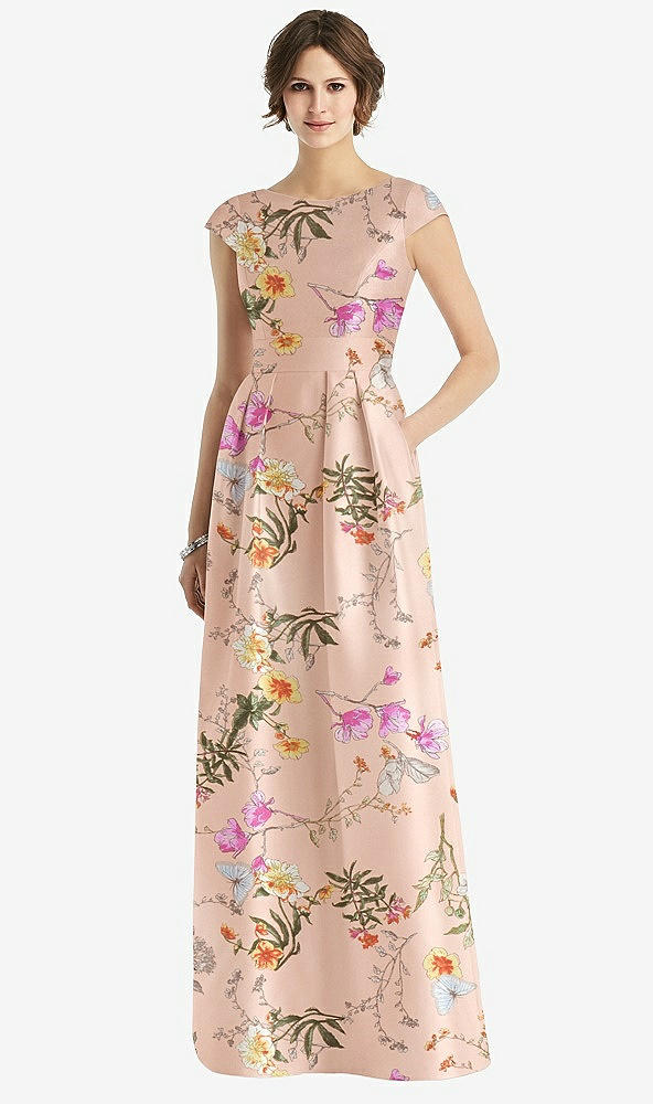 Front View - Butterfly Botanica Pink Sand Cap Sleeve Pleated Skirt Floral Satin Dress with Pockets
