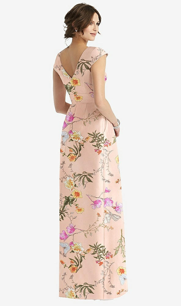 Back View - Butterfly Botanica Pink Sand Cap Sleeve Pleated Skirt Floral Satin Dress with Pockets