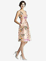 Front View Thumbnail - Butterfly Botanica Pink Sand V-Neck Pleated Skirt Floral Satin Cocktail Dress with Pockets