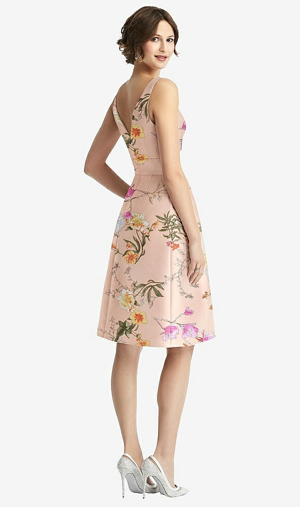 Back View - Butterfly Botanica Pink Sand V-Neck Pleated Skirt Floral Satin Cocktail Dress with Pockets