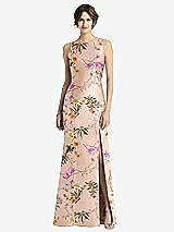 Front View Thumbnail - Butterfly Botanica Pink Sand Sleeveless Floral Satin Trumpet Gown with Bow at Open-Back