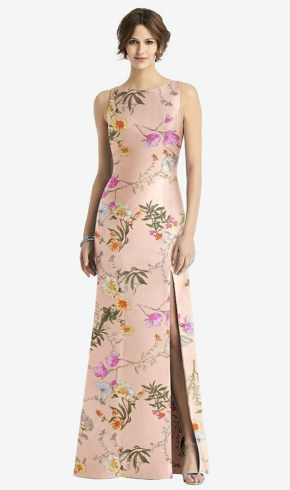 Front View - Butterfly Botanica Pink Sand Sleeveless Floral Satin Trumpet Gown with Bow at Open-Back