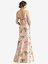 Rear View Thumbnail - Butterfly Botanica Pink Sand Sleeveless Floral Satin Trumpet Gown with Bow at Open-Back