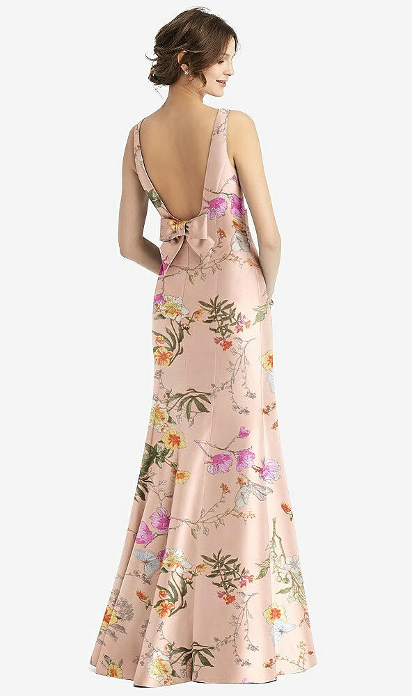 Back View - Butterfly Botanica Pink Sand Sleeveless Floral Satin Trumpet Gown with Bow at Open-Back
