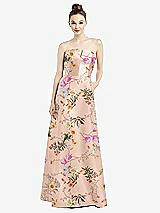 Front View Thumbnail - Butterfly Botanica Pink Sand Strapless Notch Floral Satin Gown with Pockets