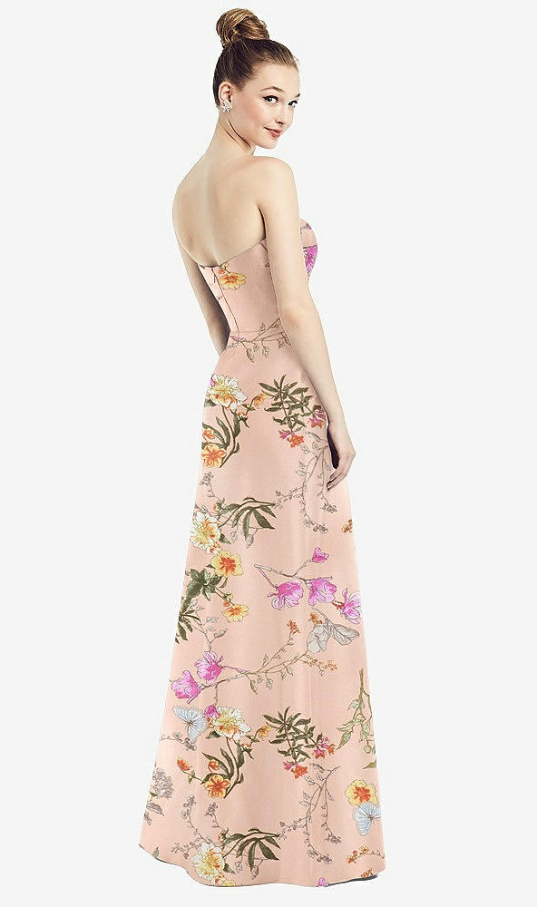 Back View - Butterfly Botanica Pink Sand Strapless Notch Floral Satin Gown with Pockets
