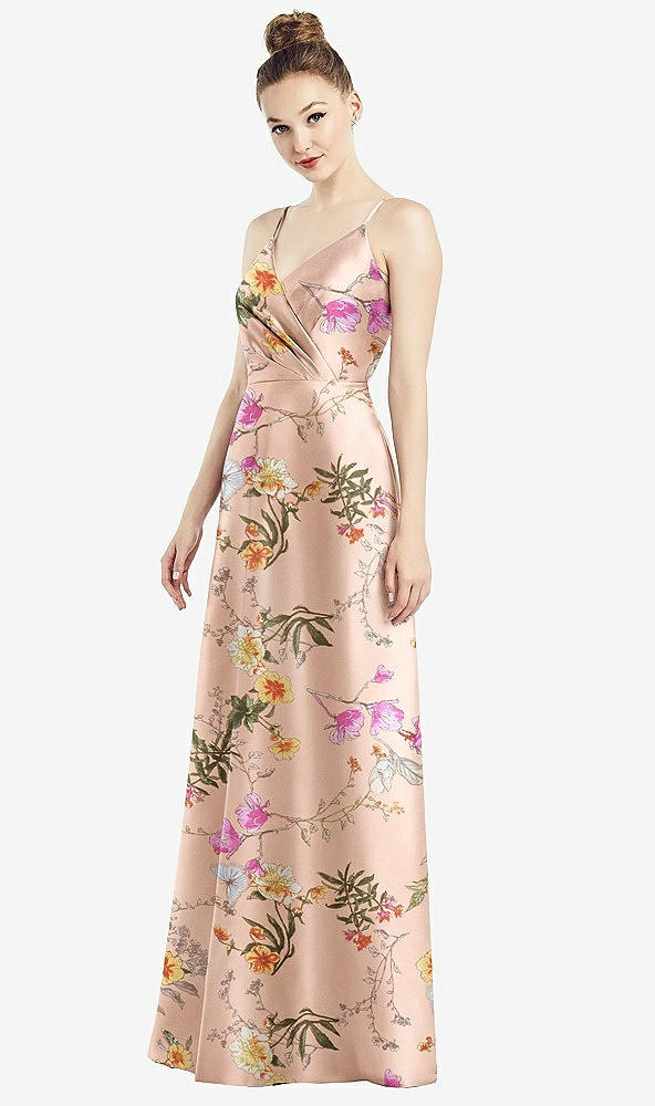 Front View - Butterfly Botanica Pink Sand Draped Wrap Floral Satin Maxi Dress with Pockets