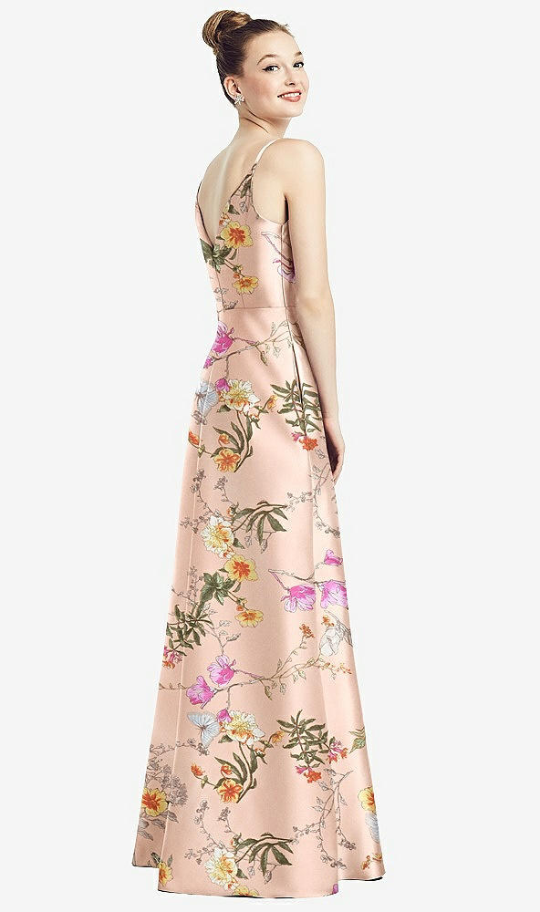 Back View - Butterfly Botanica Pink Sand Draped Wrap Floral Satin Maxi Dress with Pockets