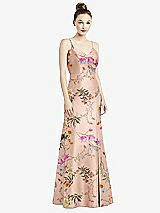 Front View Thumbnail - Butterfly Botanica Pink Sand Open-Back Bow Tie Floral Satin Trumpet Gown