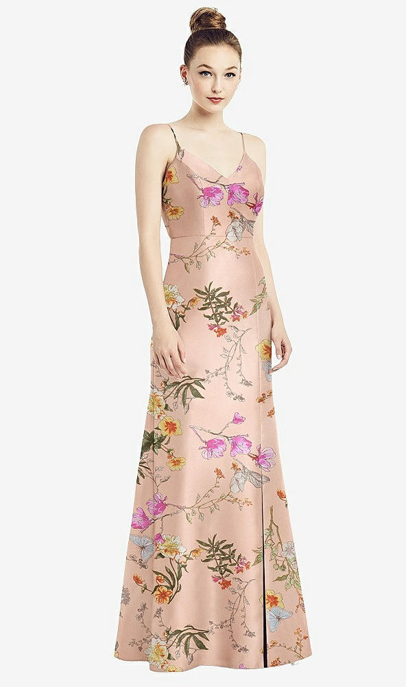 Front View - Butterfly Botanica Pink Sand Open-Back Bow Tie Floral Satin Trumpet Gown
