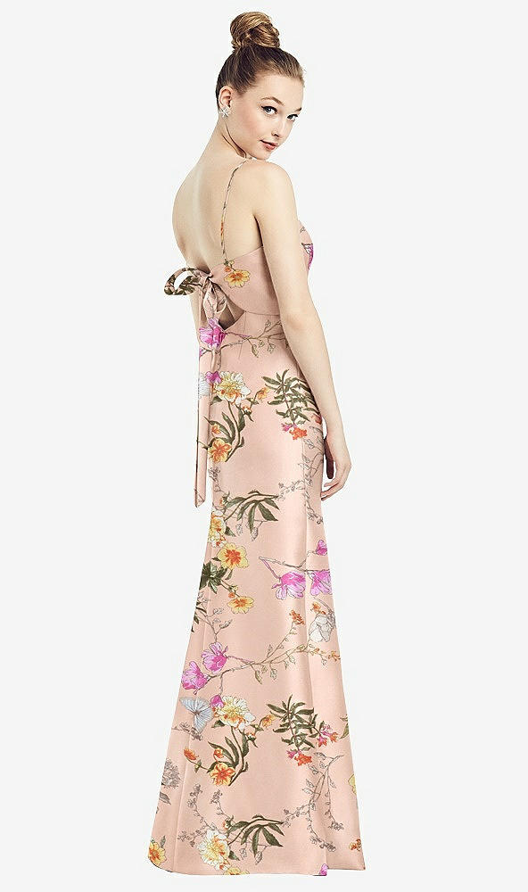 Back View - Butterfly Botanica Pink Sand Open-Back Bow Tie Floral Satin Trumpet Gown