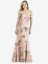 Front View Thumbnail - Butterfly Botanica Pink Sand Off-the-Shoulder Bow-Back Floral Satin Trumpet Gown
