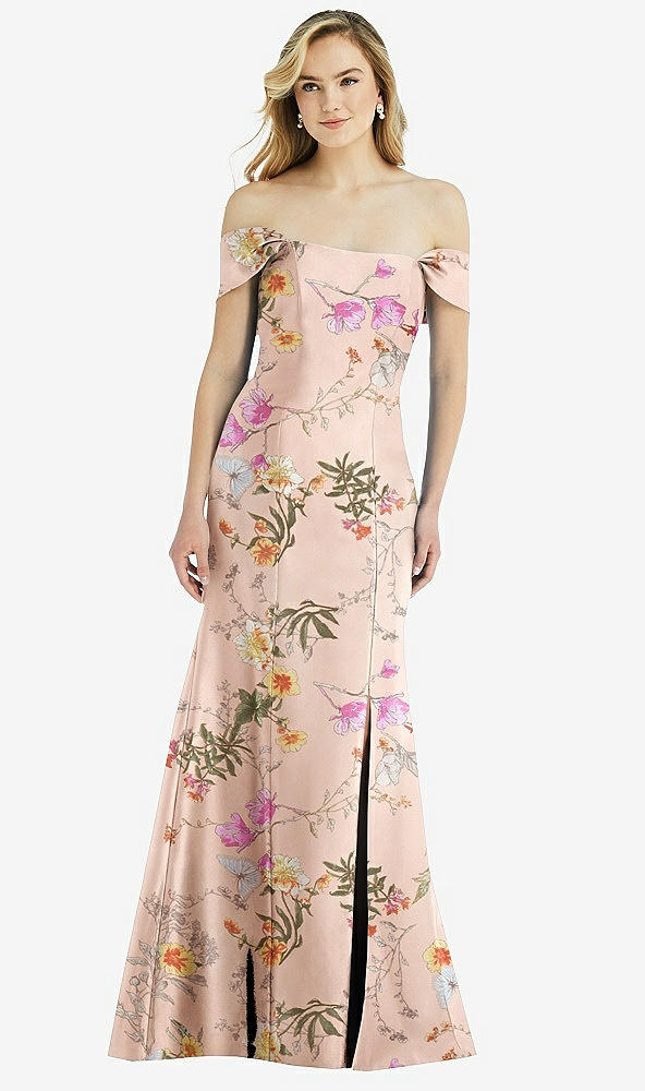 Front View - Butterfly Botanica Pink Sand Off-the-Shoulder Bow-Back Floral Satin Trumpet Gown