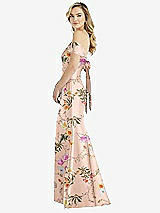 Side View Thumbnail - Butterfly Botanica Pink Sand Off-the-Shoulder Bow-Back Floral Satin Trumpet Gown
