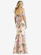 Rear View Thumbnail - Butterfly Botanica Pink Sand Off-the-Shoulder Bow-Back Floral Satin Trumpet Gown