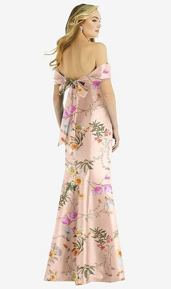 Back View - Butterfly Botanica Pink Sand Off-the-Shoulder Bow-Back Floral Satin Trumpet Gown