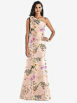 Alt View 1 Thumbnail - Butterfly Botanica Pink Sand Bow One-Shoulder Floral Satin Trumpet Gown
