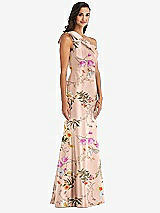 Alt View 2 Thumbnail - Butterfly Botanica Pink Sand Bow One-Shoulder Floral Satin Trumpet Gown