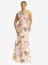 Front View Thumbnail - Butterfly Botanica Pink Sand Bow One-Shoulder Floral Satin Trumpet Gown