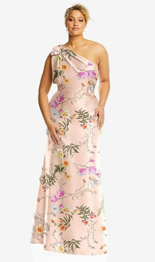 Front View - Butterfly Botanica Pink Sand Bow One-Shoulder Floral Satin Trumpet Gown