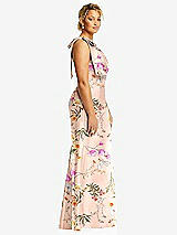 Side View Thumbnail - Butterfly Botanica Pink Sand Bow One-Shoulder Floral Satin Trumpet Gown