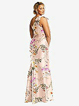 Rear View Thumbnail - Butterfly Botanica Pink Sand Bow One-Shoulder Floral Satin Trumpet Gown