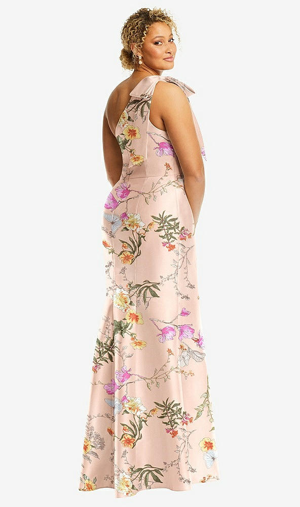 Back View - Butterfly Botanica Pink Sand Bow One-Shoulder Floral Satin Trumpet Gown