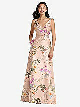 Front View Thumbnail - Butterfly Botanica Pink Sand Pleated Bodice Open-Back Floral Maxi Dress with Pockets