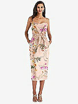Front View Thumbnail - Butterfly Botanica Pink Sand Strapless Bow-Waist Pleated Floral Satin Pencil Dress with Pockets