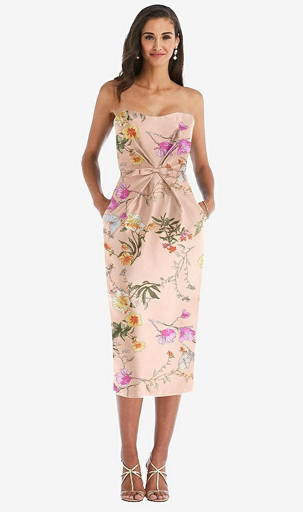 Front View - Butterfly Botanica Pink Sand Strapless Bow-Waist Pleated Floral Satin Pencil Dress with Pockets