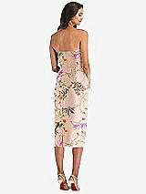 Rear View Thumbnail - Butterfly Botanica Pink Sand Strapless Bow-Waist Pleated Floral Satin Pencil Dress with Pockets